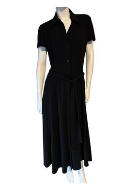 Vintage Dana Buchman Classic Black Short-Sleeve Shirt Dress with Waist Tie
